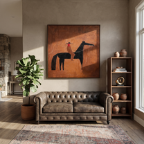 Rope Curves Through Umber - black horse rider painting by Isabelle Laurent, modern Western square wall art – styled room scene view 1