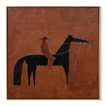 Rope Curves Through Umber - black horse rider painting by Isabelle Laurent, modern Western square wall art – wood frame on white background