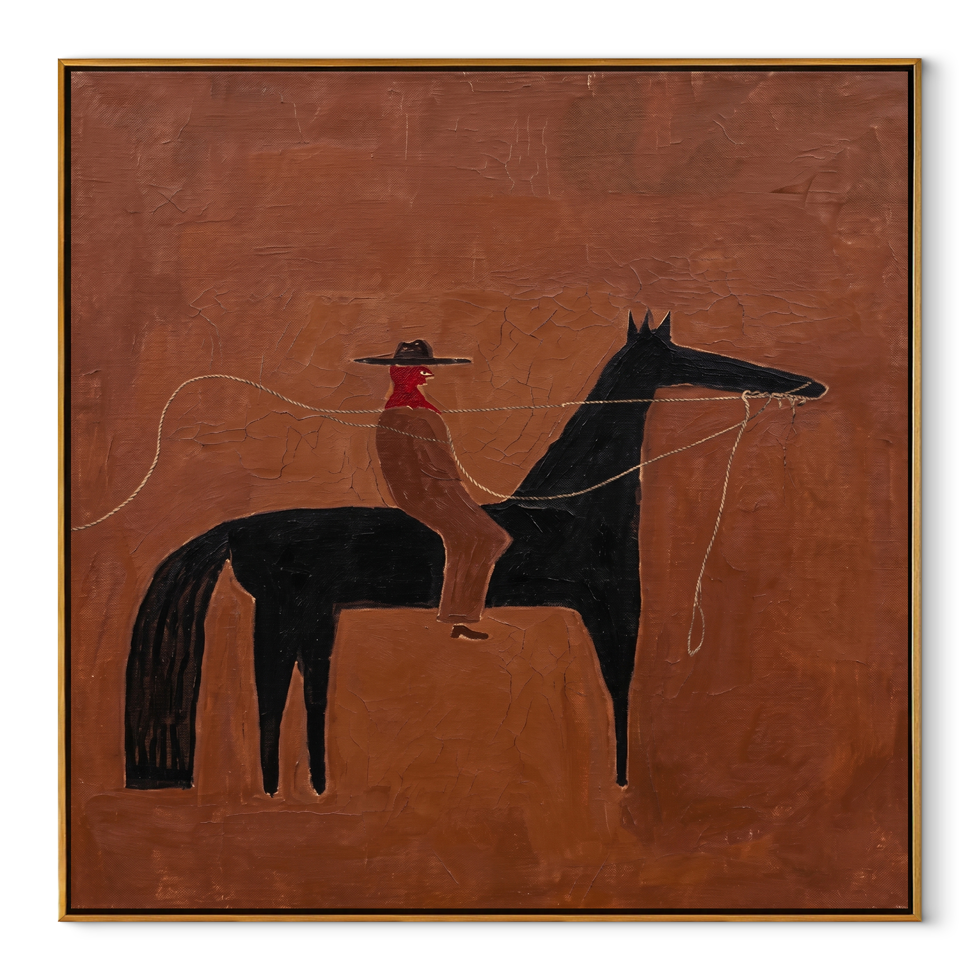 Rope Curves Through Umber - black horse rider painting by Isabelle Laurent, modern Western square wall art – wood frame on white background