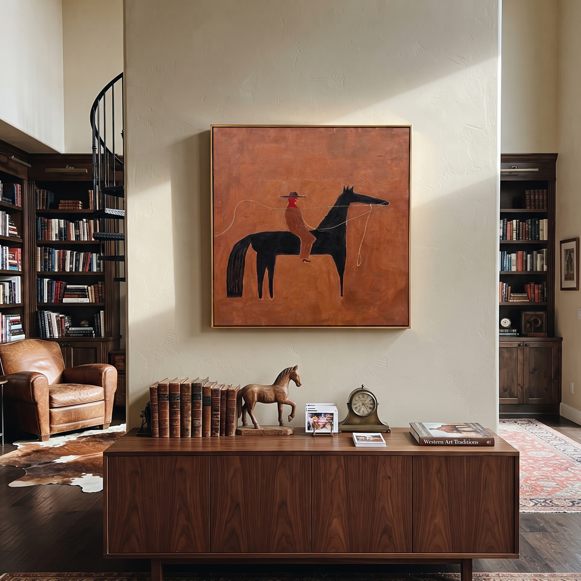 Rope Curves Through Umber - black horse rider painting by Isabelle Laurent, modern Western square wall art – styled room scene view 2