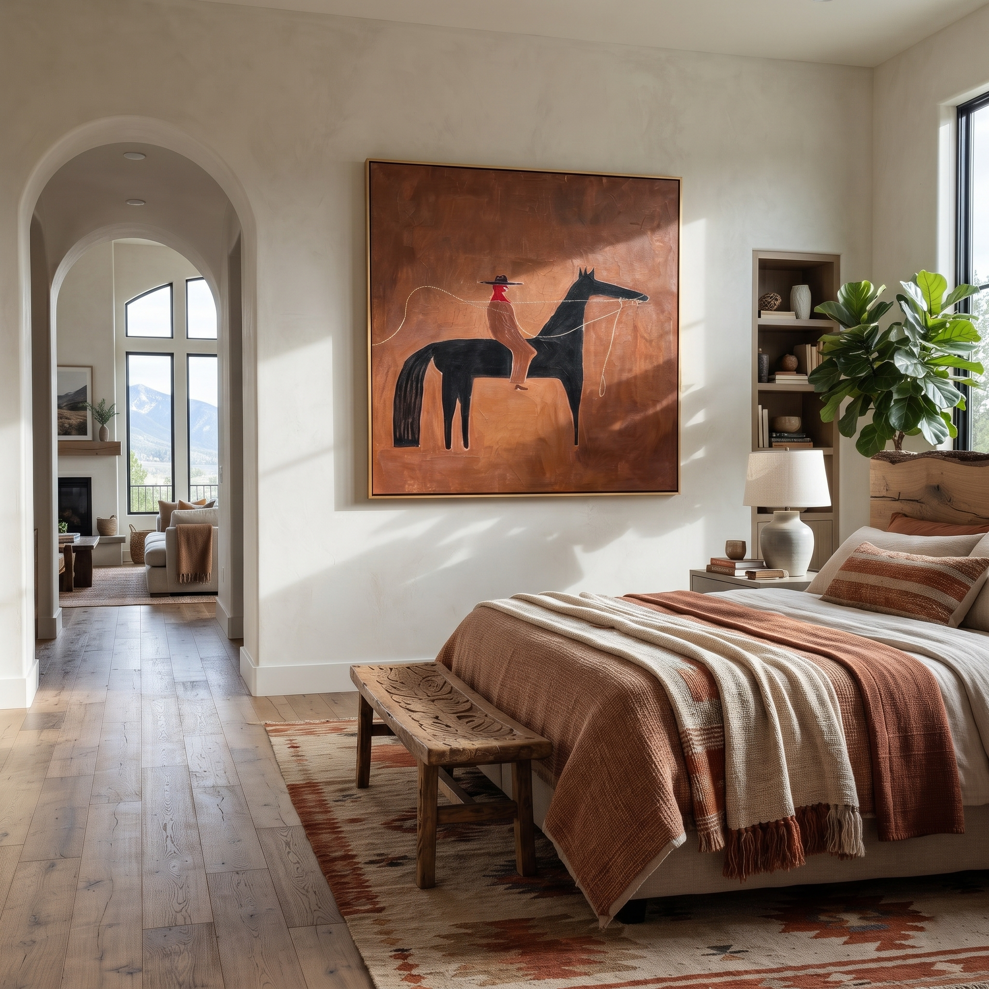 Rope Curves Through Umber - black horse rider painting by Isabelle Laurent, modern Western square wall art – styled room scene view 3