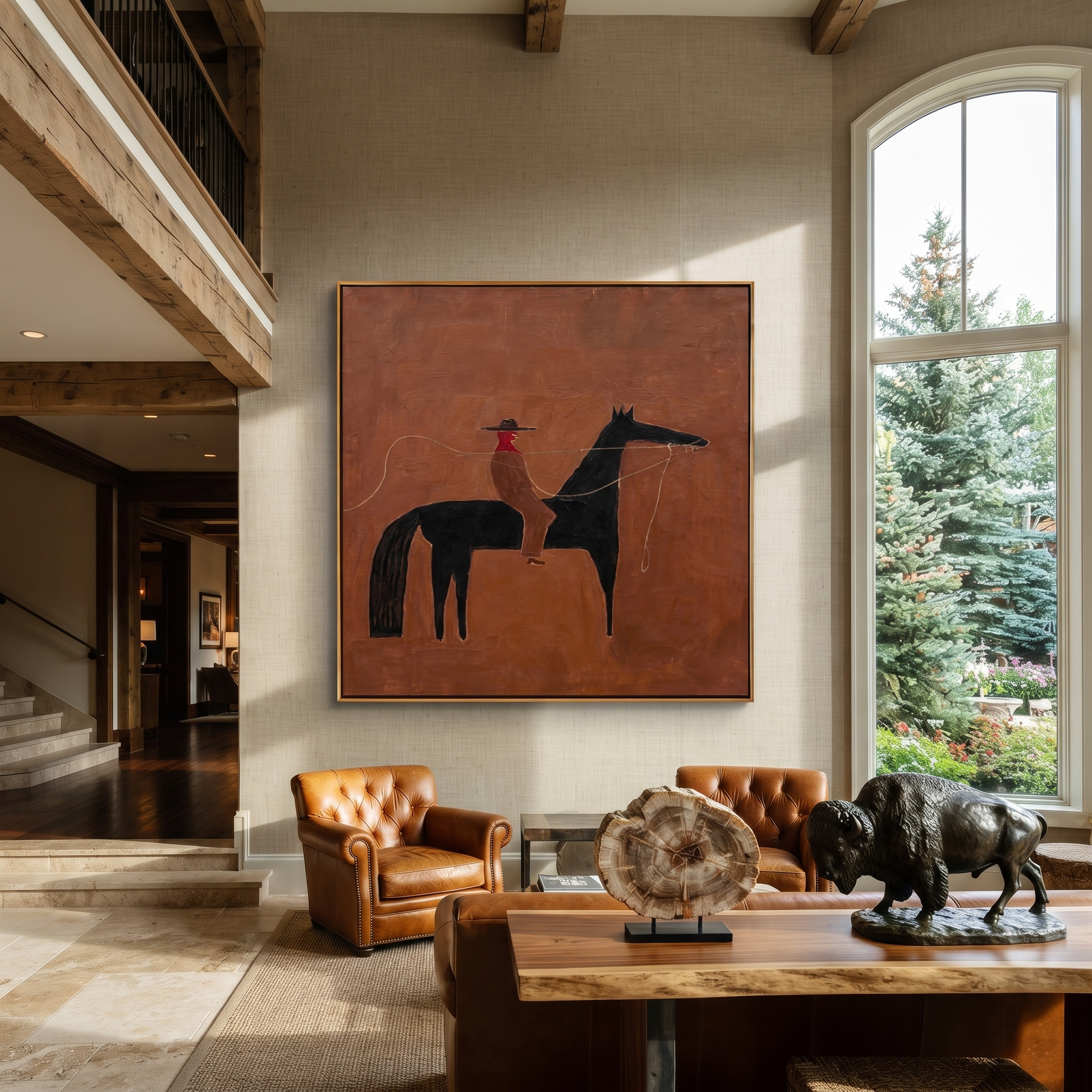Rope Curves Through Umber - black horse rider painting by Isabelle Laurent, modern Western square wall art – styled room scene view 4