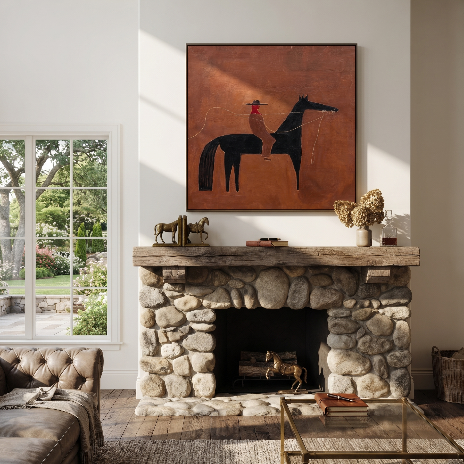 Rope Curves Through Umber - black horse rider painting by Isabelle Laurent, modern Western square wall art – styled room scene view 5