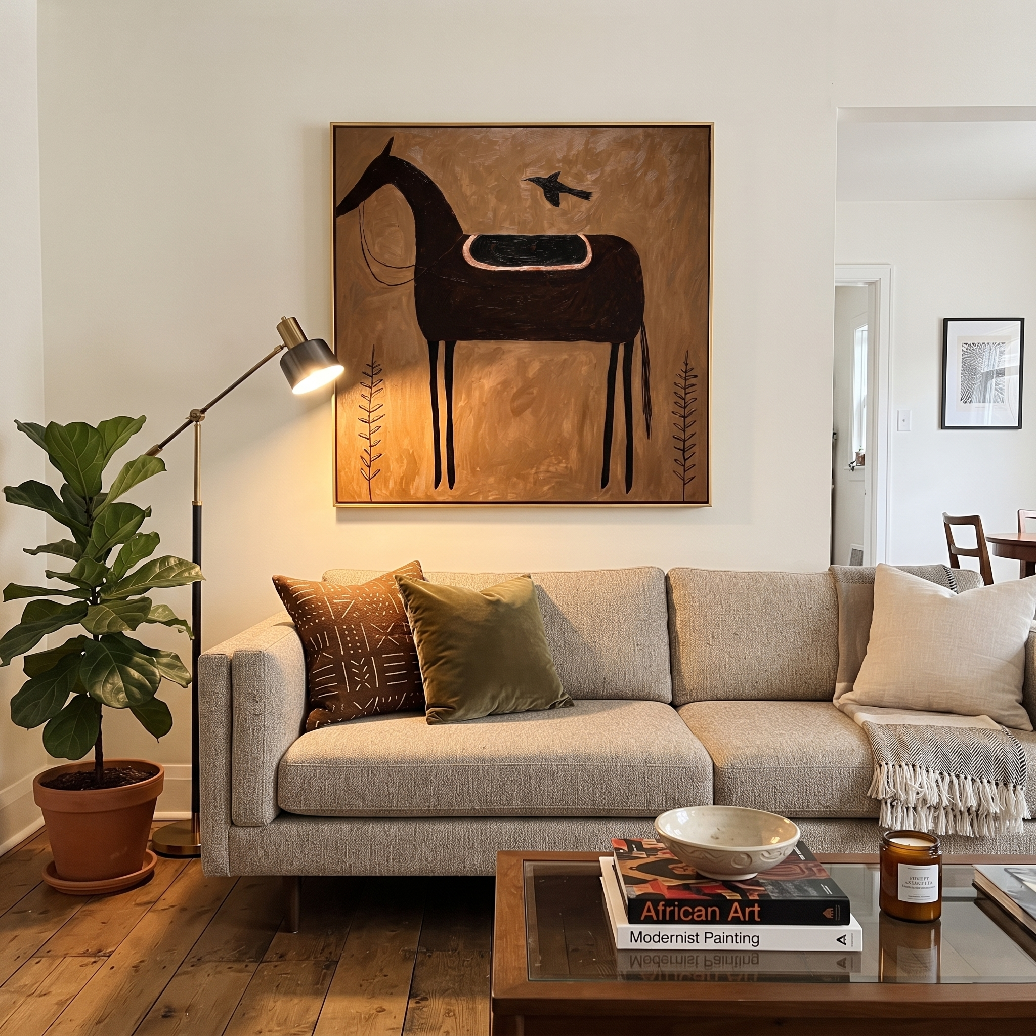 Crow Rests Above Saddle - black horse and crow painting by Isabelle Laurent, modern Western square wall art – styled room scene view 1