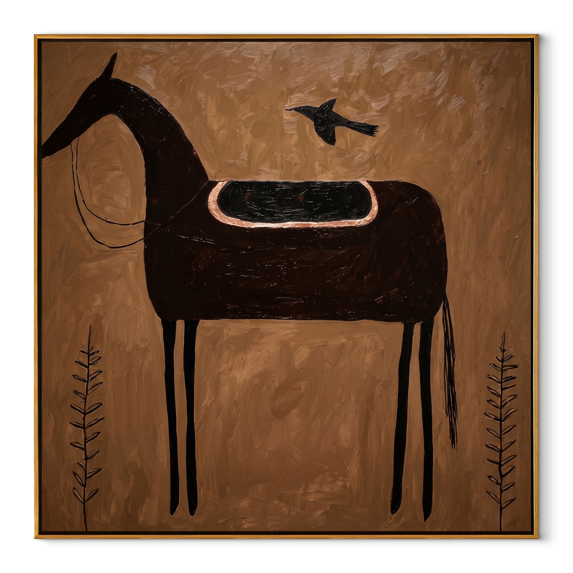 Crow Rests Above Saddle - black horse and crow painting by Isabelle Laurent, modern Western square wall art – wood frame on white background