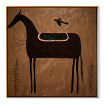 Crow Rests Above Saddle - black horse and crow painting by Isabelle Laurent, modern Western square wall art – wood frame on white background