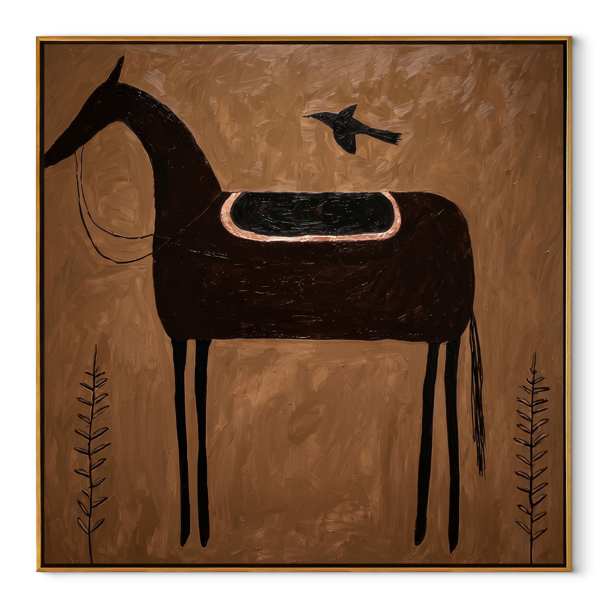 Crow Rests Above Saddle - black horse and crow painting by Isabelle Laurent, modern Western square wall art – wood frame on white background