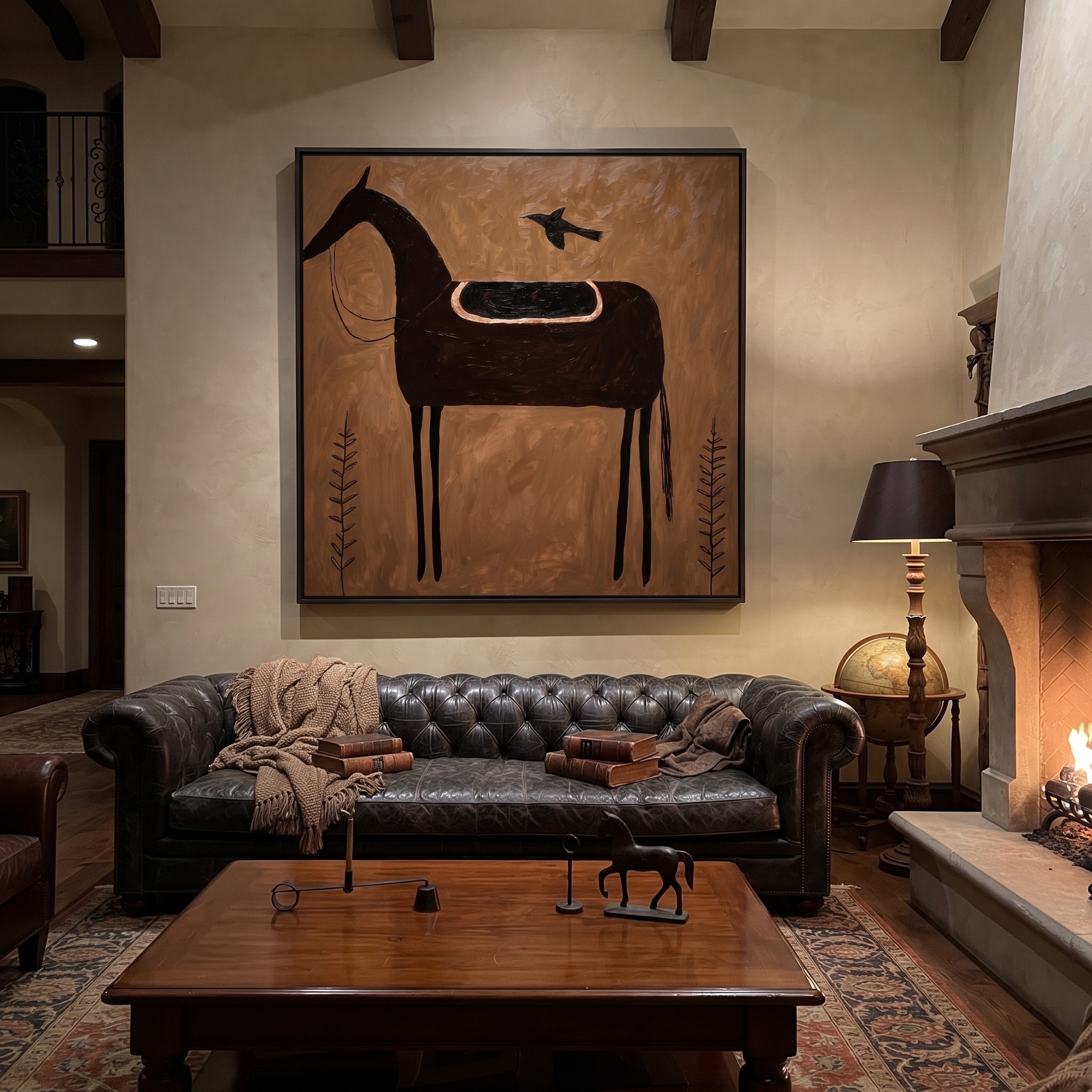 Crow Rests Above Saddle - black horse and crow painting by Isabelle Laurent, modern Western square wall art – styled room scene view 3