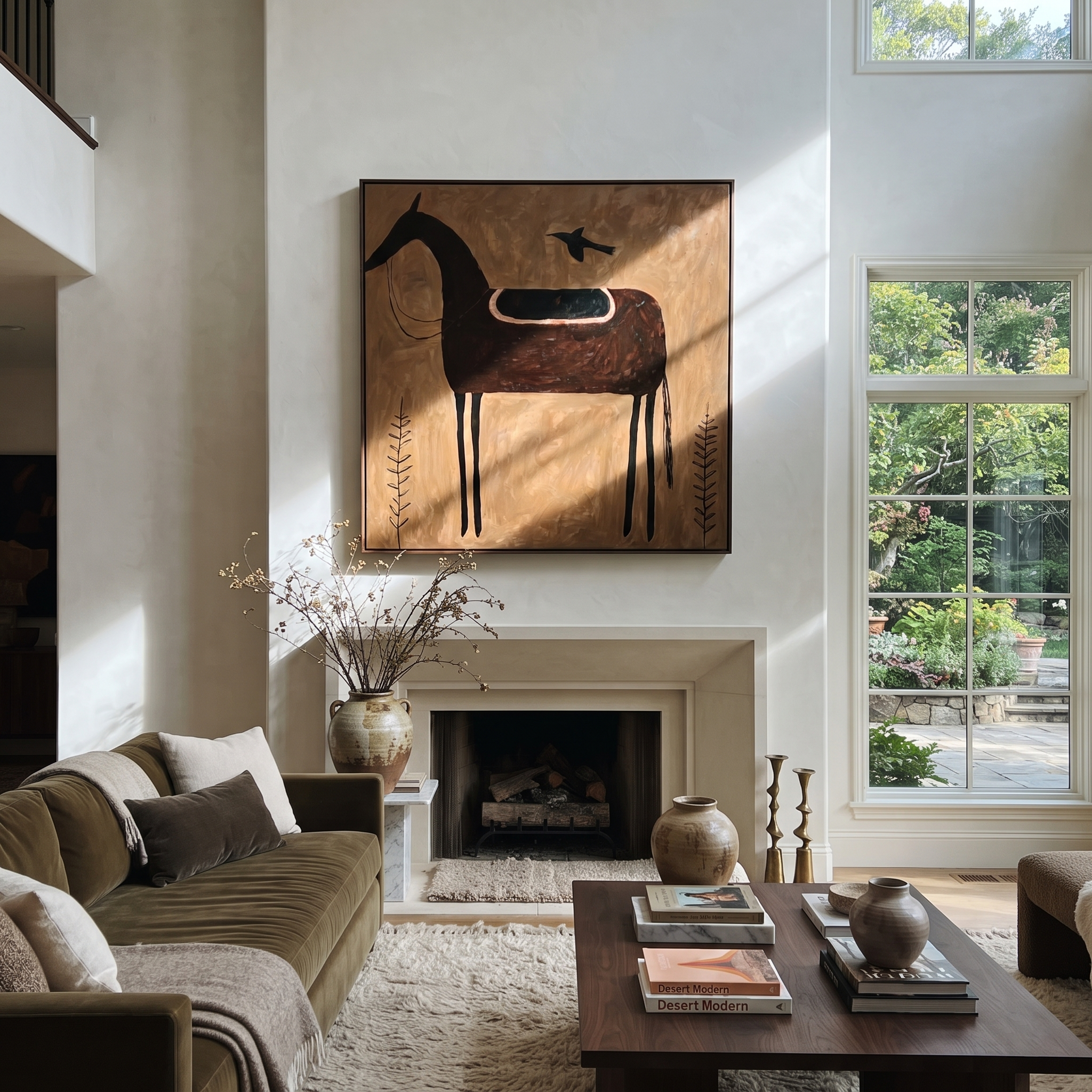 Crow Rests Above Saddle - black horse and crow painting by Isabelle Laurent, modern Western square wall art – styled room scene view 4