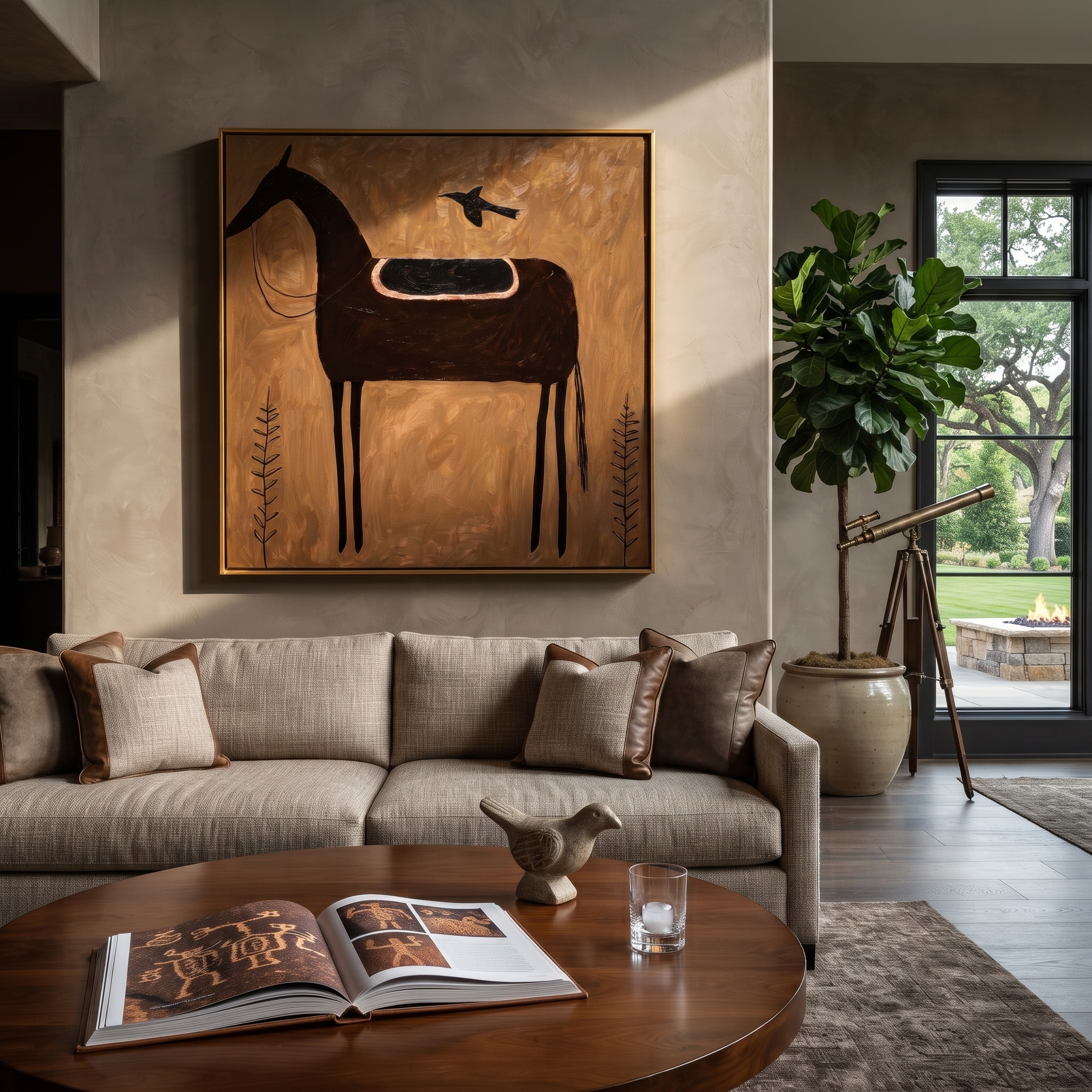Crow Rests Above Saddle - black horse and crow painting by Isabelle Laurent, modern Western square wall art – styled room scene view 5