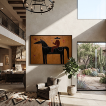 Rider Toasts Between Stars - black horse rider painting by Isabelle Laurent, modern Western horizontal wall art – styled room scene view 1