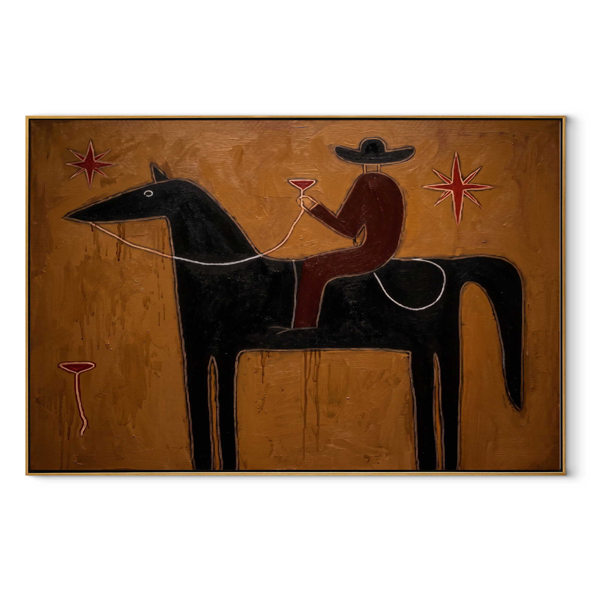 Rider Toasts Between Stars - black horse rider painting by Isabelle Laurent, modern Western horizontal wall art – wood frame on white background