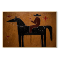 Rider Toasts Between Stars - black horse rider painting by Isabelle Laurent, modern Western horizontal wall art – wood frame on white background