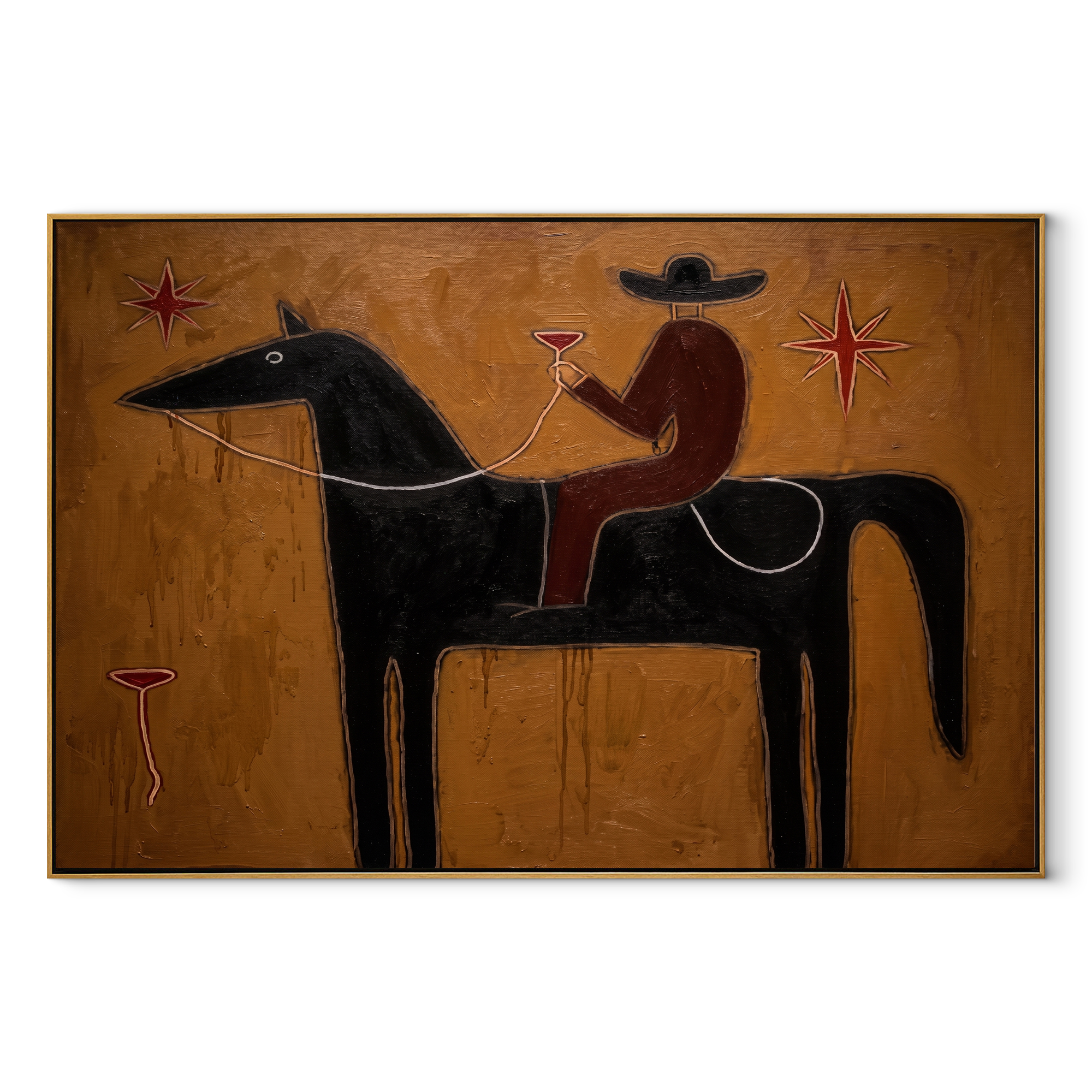 Rider Toasts Between Stars - black horse rider painting by Isabelle Laurent, modern Western horizontal wall art – wood frame on white background