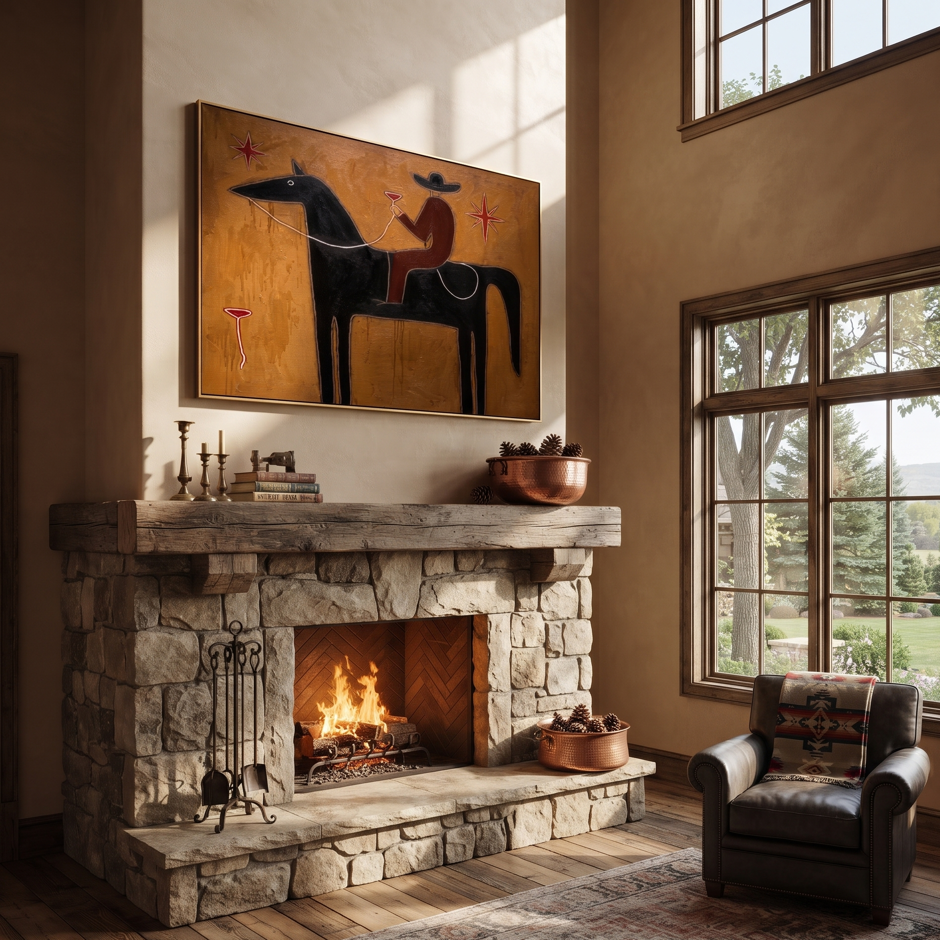 Rider Toasts Between Stars - black horse rider painting by Isabelle Laurent, modern Western horizontal wall art – styled room scene view 2