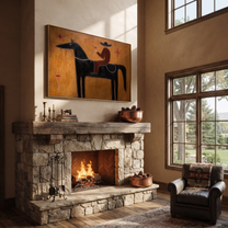 Rider Toasts Between Stars - black horse rider painting by Isabelle Laurent, modern Western horizontal wall art – styled room scene view 2