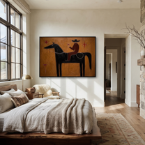 Rider Toasts Between Stars - black horse rider painting by Isabelle Laurent, modern Western horizontal wall art – styled room scene view 3