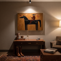 Rider Toasts Between Stars - black horse rider painting by Isabelle Laurent, modern Western horizontal wall art – styled room scene view 4