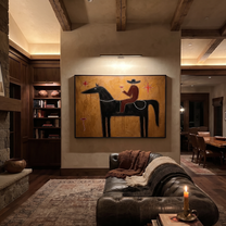 Rider Toasts Between Stars - black horse rider painting by Isabelle Laurent, modern Western horizontal wall art – styled room scene view 5