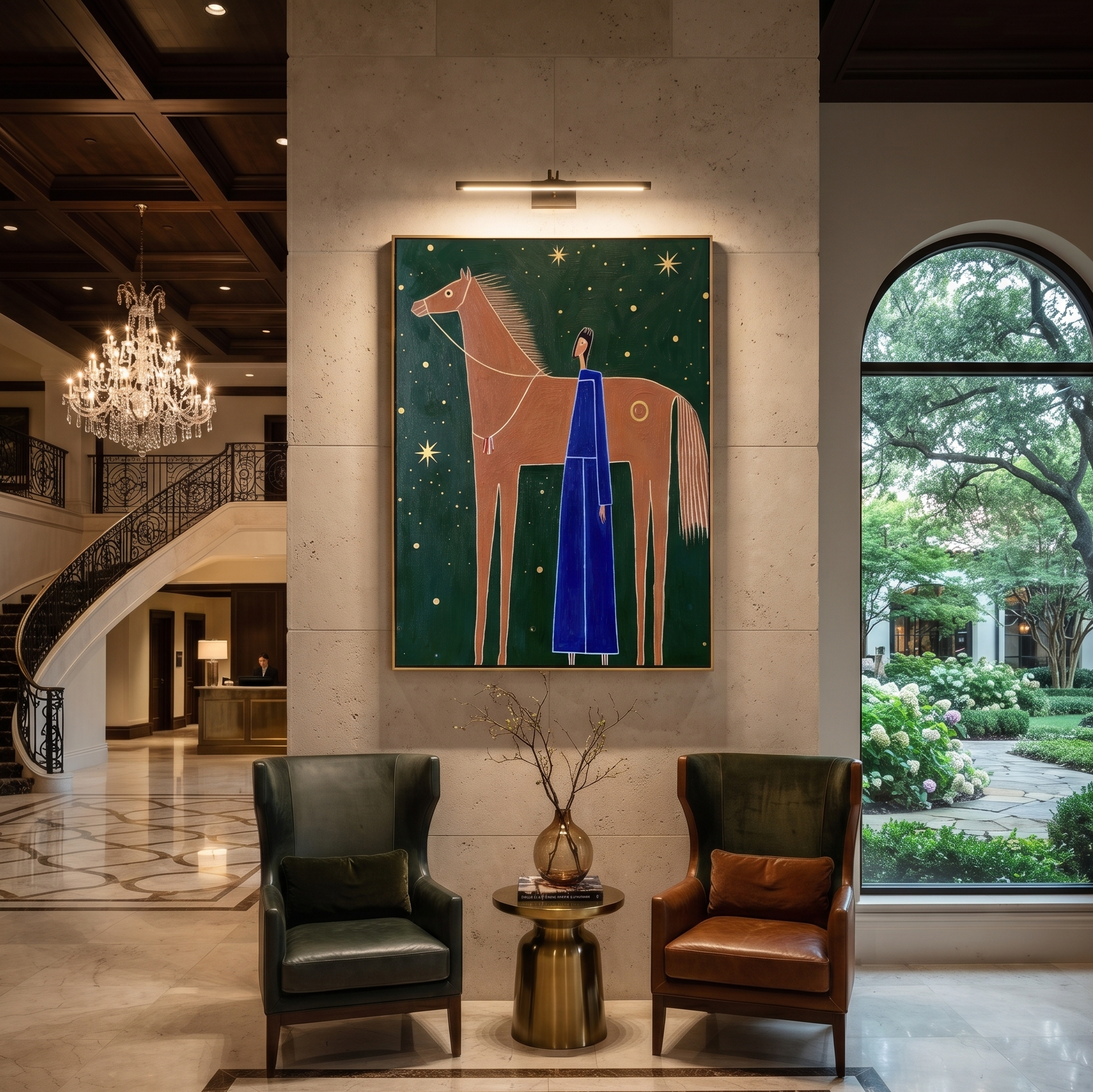 Blue Figure Greets Stars - horse and blue figure painting by Isabelle Laurent, modern Western vertical wall art – styled room scene view 1