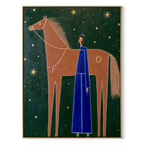 Blue Figure Greets Stars - horse and blue figure painting by Isabelle Laurent, modern Western vertical wall art – wood frame on white background