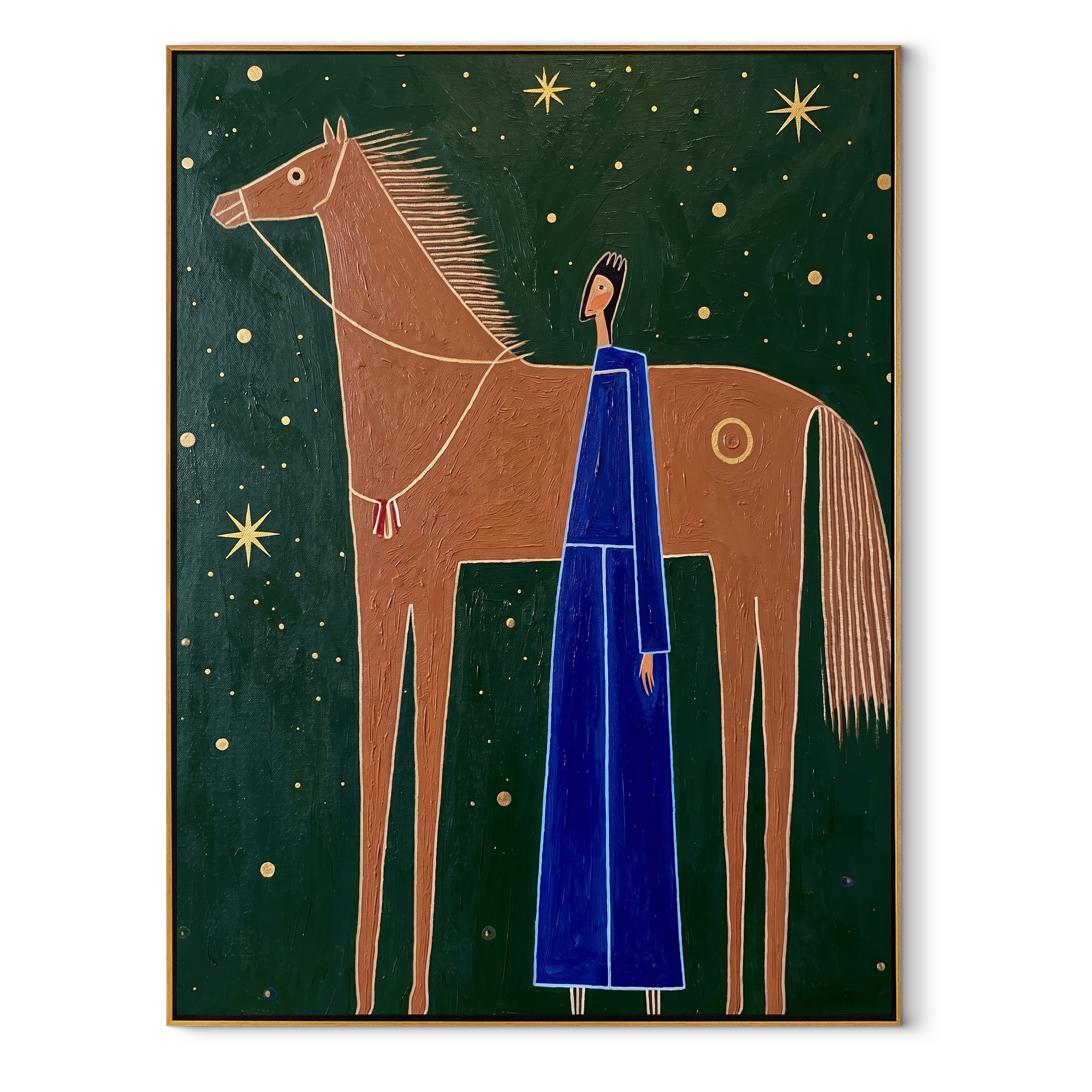 Blue Figure Greets Stars - horse and blue figure painting by Isabelle Laurent, modern Western vertical wall art – wood frame on white background