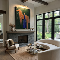 Blue Figure Greets Stars - horse and blue figure painting by Isabelle Laurent, modern Western vertical wall art – styled room scene view 2