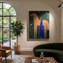 Blue Figure Greets Stars - horse and blue figure painting by Isabelle Laurent, modern Western vertical wall art – styled room scene view 3