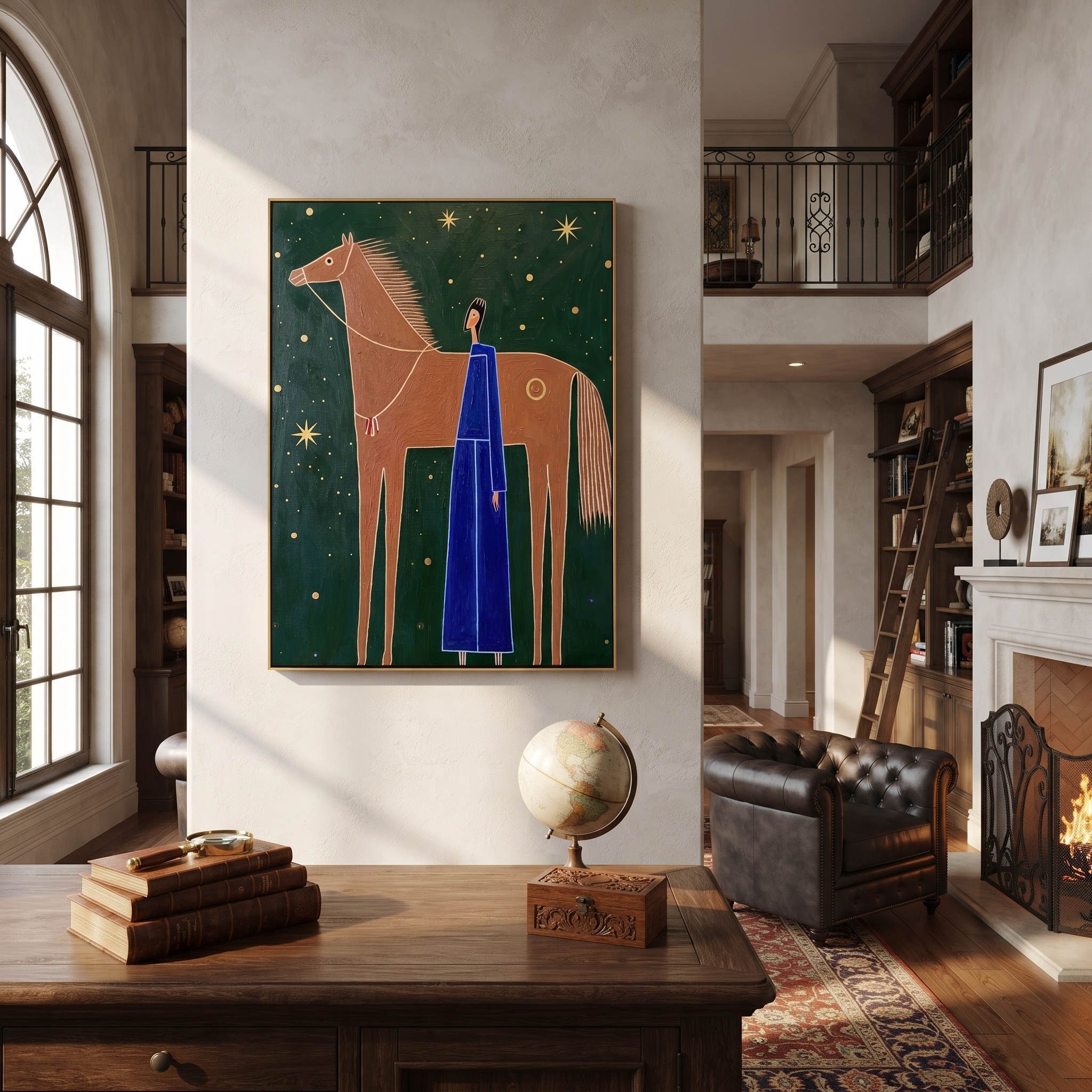 Blue Figure Greets Stars - horse and blue figure painting by Isabelle Laurent, modern Western vertical wall art – styled room scene view 4