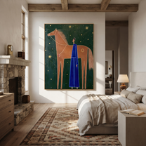 Blue Figure Greets Stars - horse and blue figure painting by Isabelle Laurent, modern Western vertical wall art – styled room scene view 5