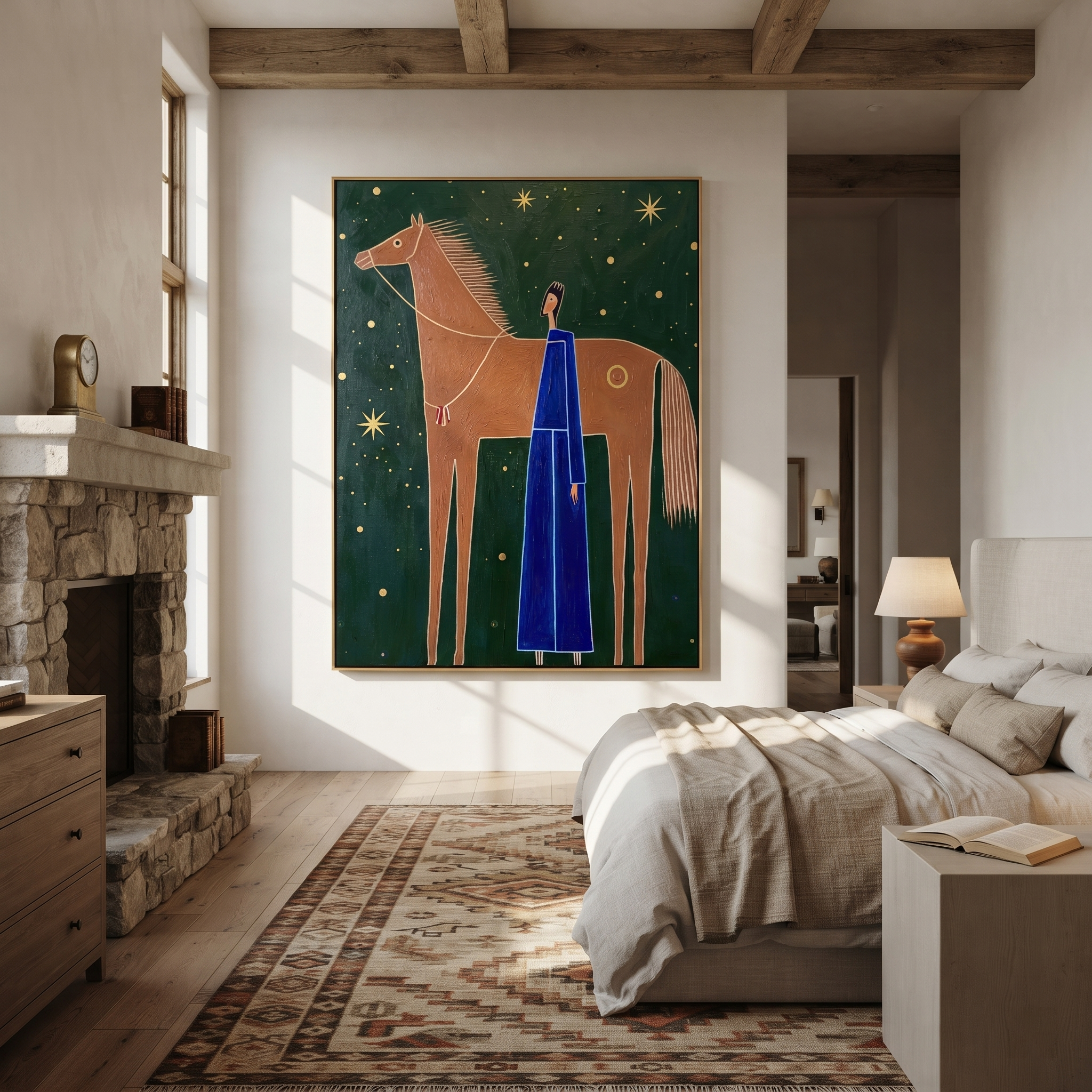 Blue Figure Greets Stars - horse and blue figure painting by Isabelle Laurent, modern Western vertical wall art – styled room scene view 5