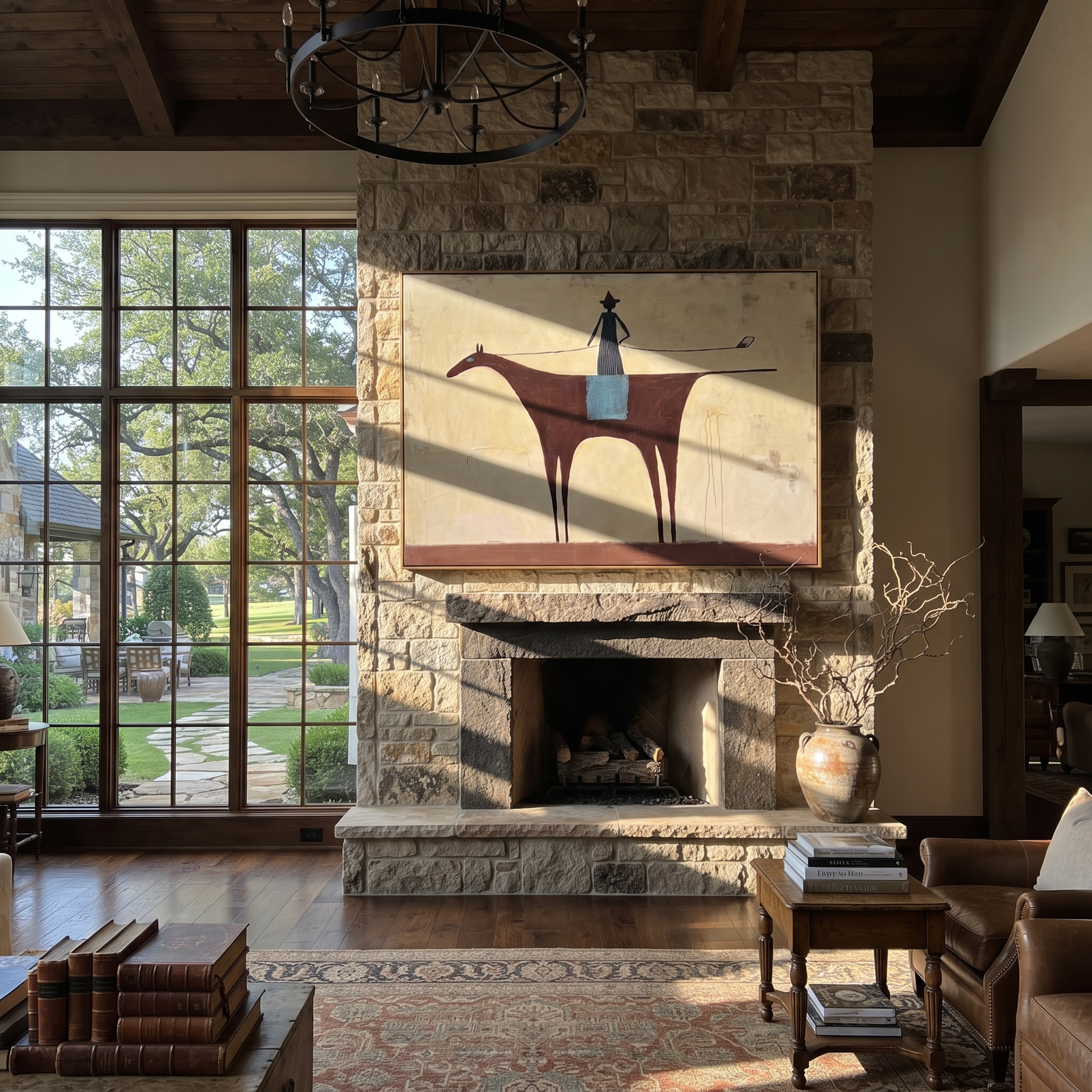 Long Rein Crosses Ivory - minimal horse rider painting by Isabelle Laurent, modern Western horizontal wall art – styled room scene view 1