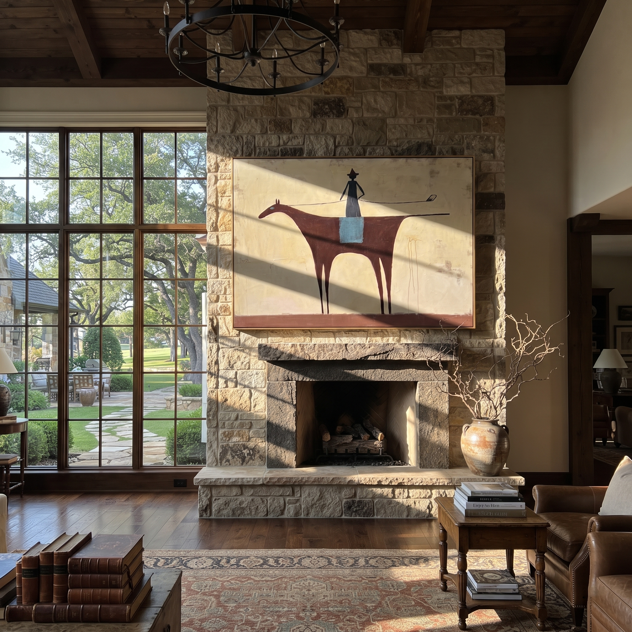 Long Rein Crosses Ivory - minimal horse rider painting by Isabelle Laurent, modern Western horizontal wall art – styled room scene view 1