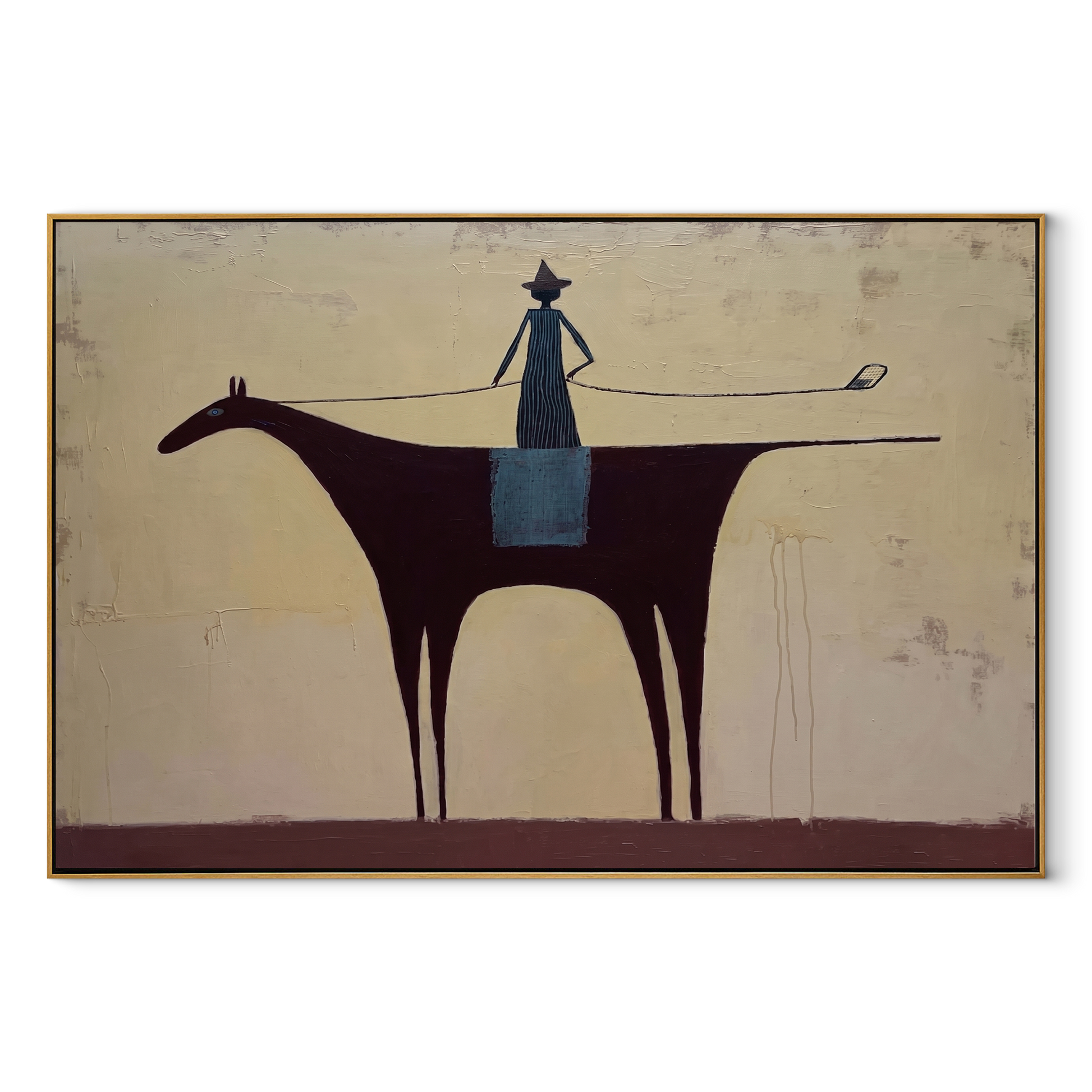 Long Rein Crosses Ivory - minimal horse rider painting by Isabelle Laurent, modern Western horizontal wall art – wood frame on white background
