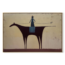 Long Rein Crosses Ivory - minimal horse rider painting by Isabelle Laurent, modern Western horizontal wall art – wood frame on white background