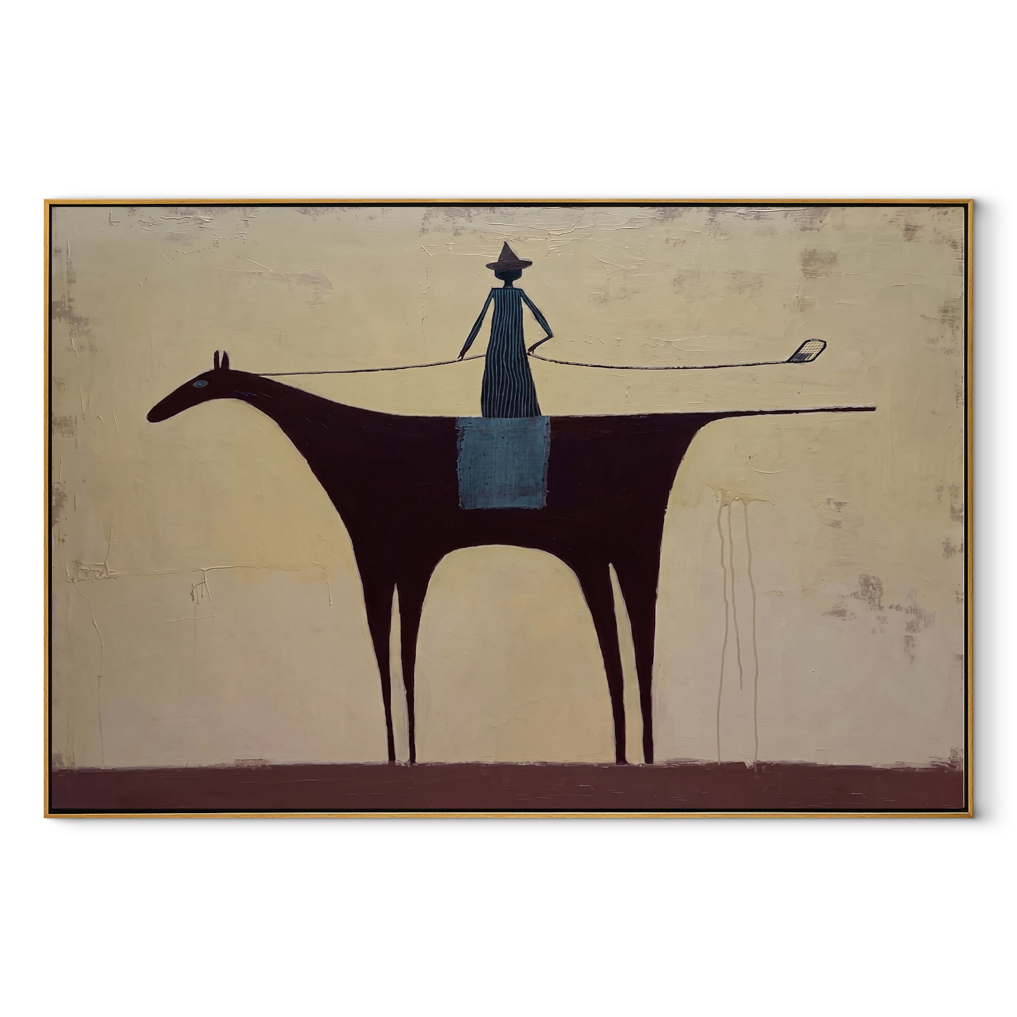 Long Rein Crosses Ivory - minimal horse rider painting by Isabelle Laurent, modern Western horizontal wall art – wood frame on white background