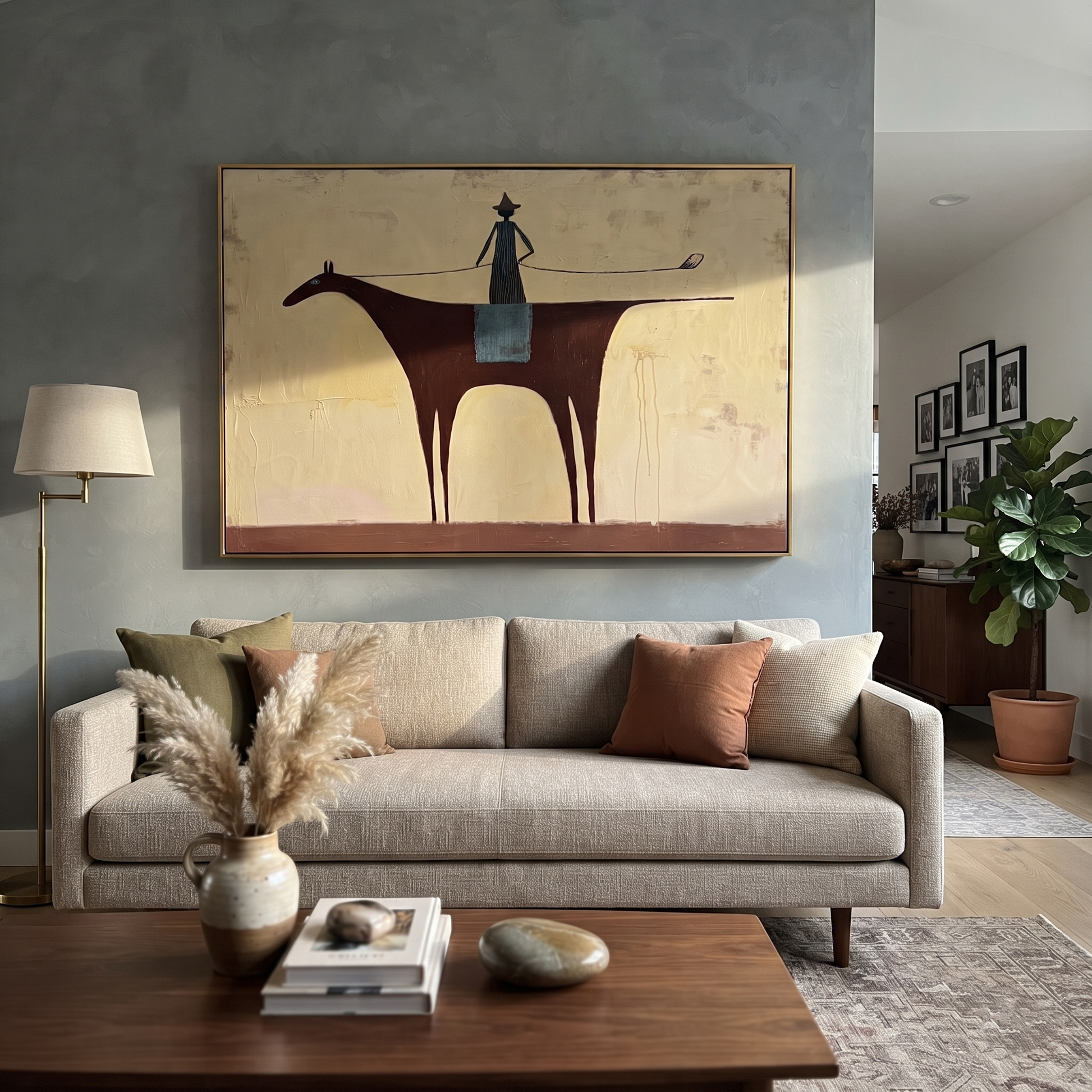 Long Rein Crosses Ivory - minimal horse rider painting by Isabelle Laurent, modern Western horizontal wall art – styled room scene view 2