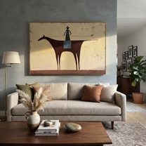 Long Rein Crosses Ivory - minimal horse rider painting by Isabelle Laurent, modern Western horizontal wall art – styled room scene view 2