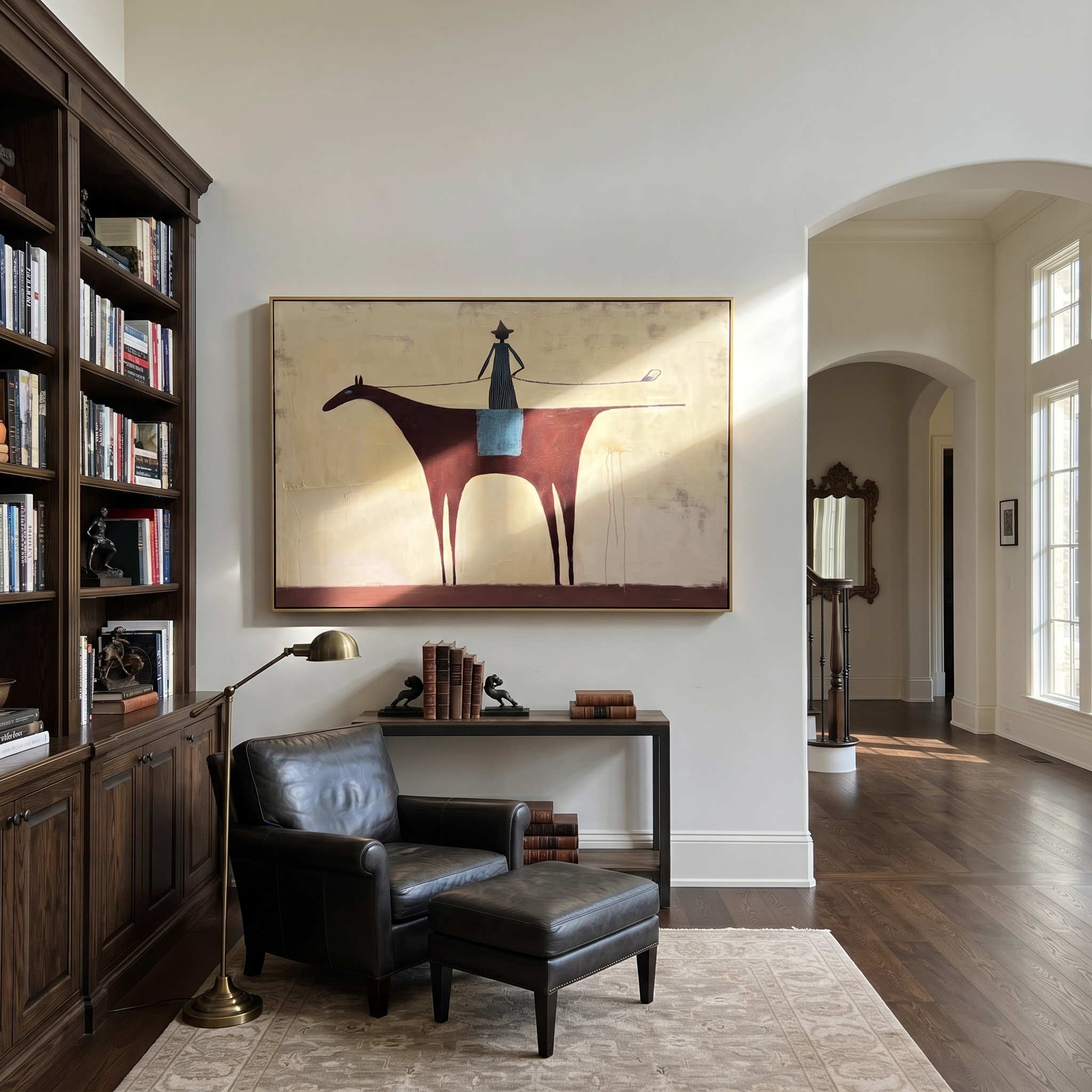 Long Rein Crosses Ivory - minimal horse rider painting by Isabelle Laurent, modern Western horizontal wall art – styled room scene view 3