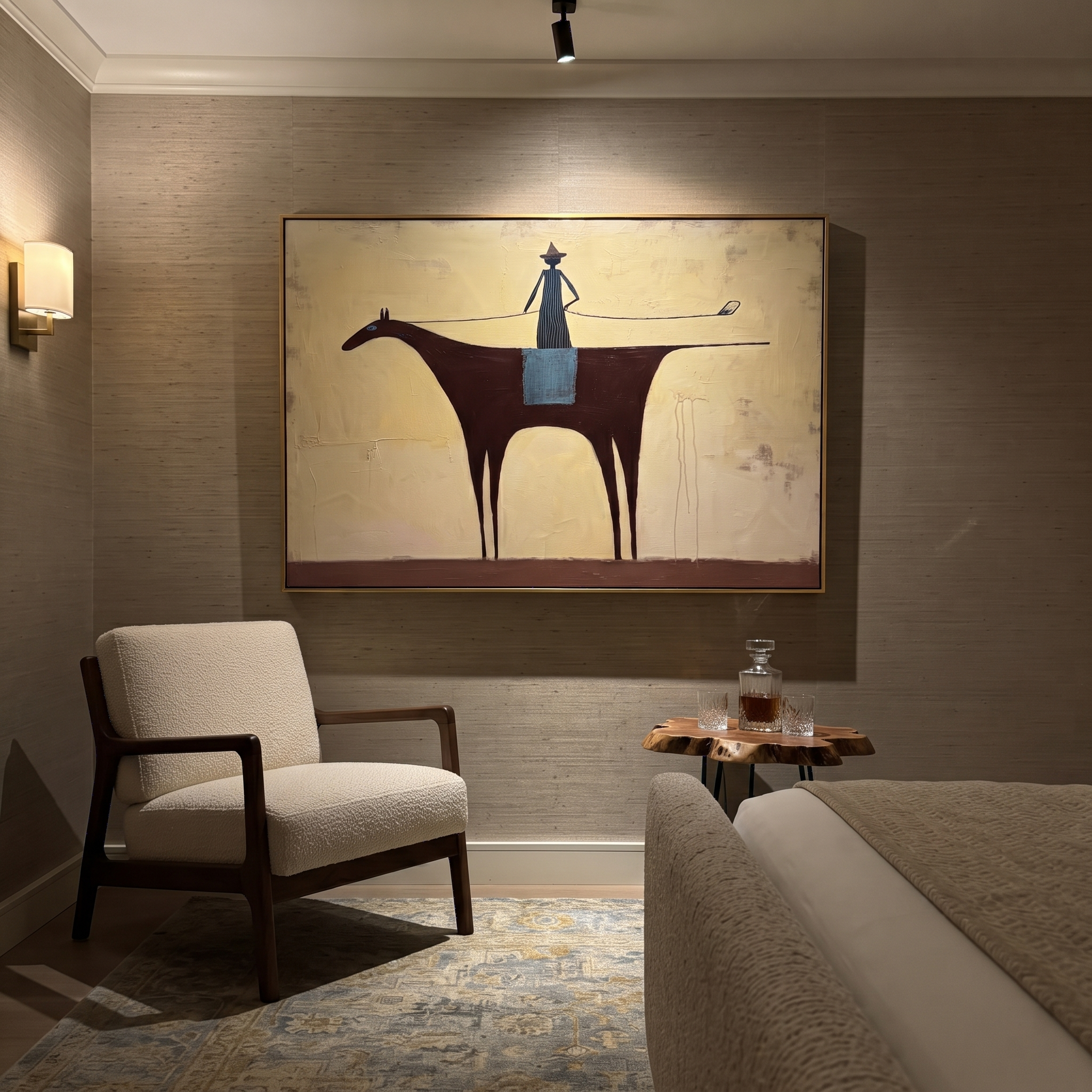 Long Rein Crosses Ivory - minimal horse rider painting by Isabelle Laurent, modern Western horizontal wall art – styled room scene view 4