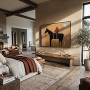 Pale Loop Finds Rider - black horse rider painting by Isabelle Laurent, modern Western horizontal wall art – styled room scene view 1
