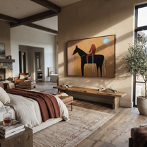Pale Loop Finds Rider - black horse rider painting by Isabelle Laurent, modern Western horizontal wall art – styled room scene view 1