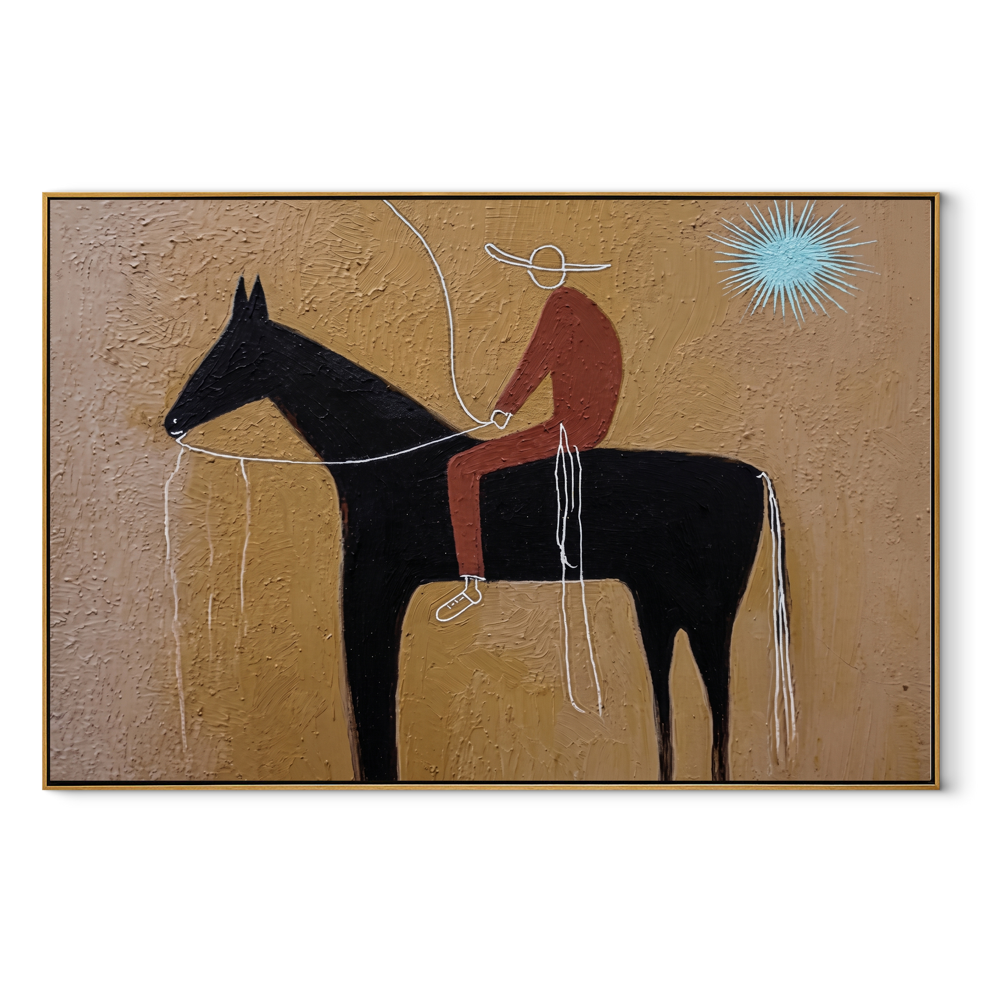 Pale Loop Finds Rider - black horse rider painting by Isabelle Laurent, modern Western horizontal wall art – wood frame on white background
