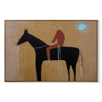 Pale Loop Finds Rider - black horse rider painting by Isabelle Laurent, modern Western horizontal wall art – wood frame on white background