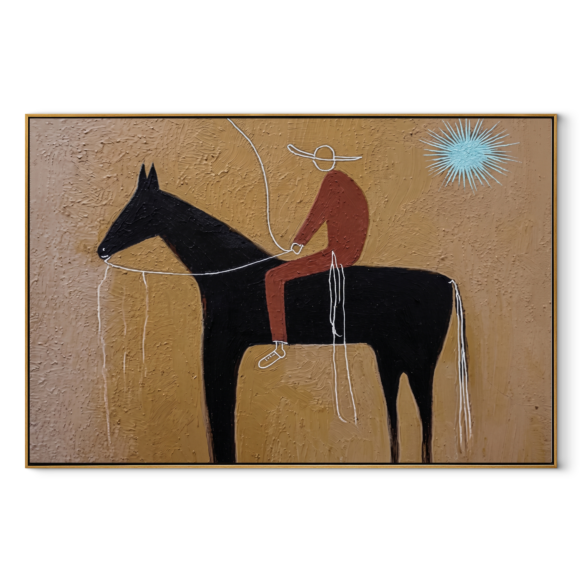 Pale Loop Finds Rider - black horse rider painting by Isabelle Laurent, modern Western horizontal wall art – wood frame on white background