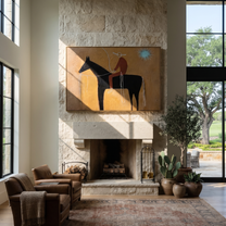 Pale Loop Finds Rider - black horse rider painting by Isabelle Laurent, modern Western horizontal wall art – styled room scene view 4
