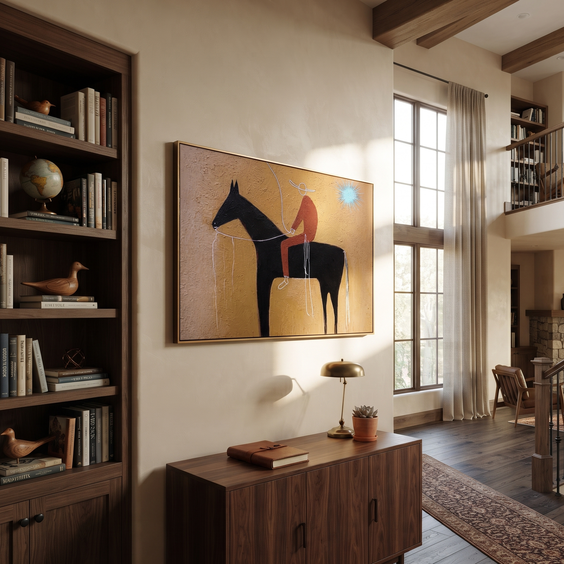 Pale Loop Finds Rider - black horse rider painting by Isabelle Laurent, modern Western horizontal wall art – styled room scene view 5
