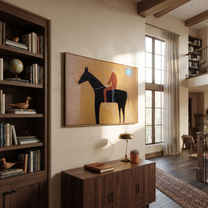 Pale Loop Finds Rider - black horse rider painting by Isabelle Laurent, modern Western horizontal wall art – styled room scene view 5