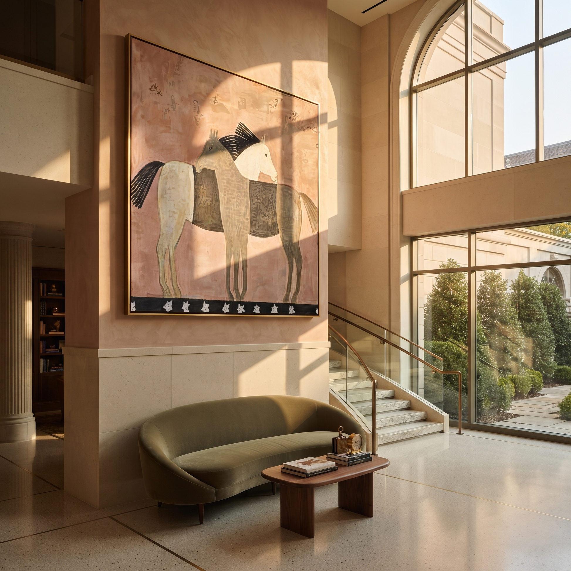 Three Horses Share Pink - three horse folk painting by Isabelle Laurent, modern Western square wall art – styled room scene view 1