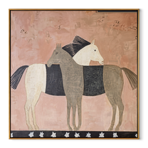 Three Horses Share Pink - three horse folk painting by Isabelle Laurent, modern Western square wall art – wood frame on white background